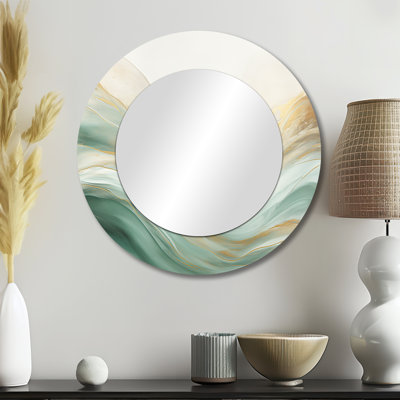 Sambor doré et vert Soft Wave Fusion I - grand miroir mural de formes abstraites, miroir rond moderne unique, impression d'art en métal