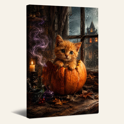 Toile orange d'Halloween chaton en citrouille avec bougie et pluie
