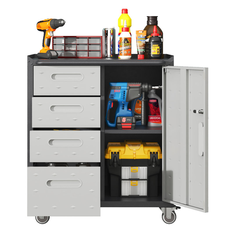 Heavy-Duty Mobile Tool Cabinet with 4 Drawers & Lockable Door, Full-Extension Ball Bearing Slide Rolling Garage Storage, Gray