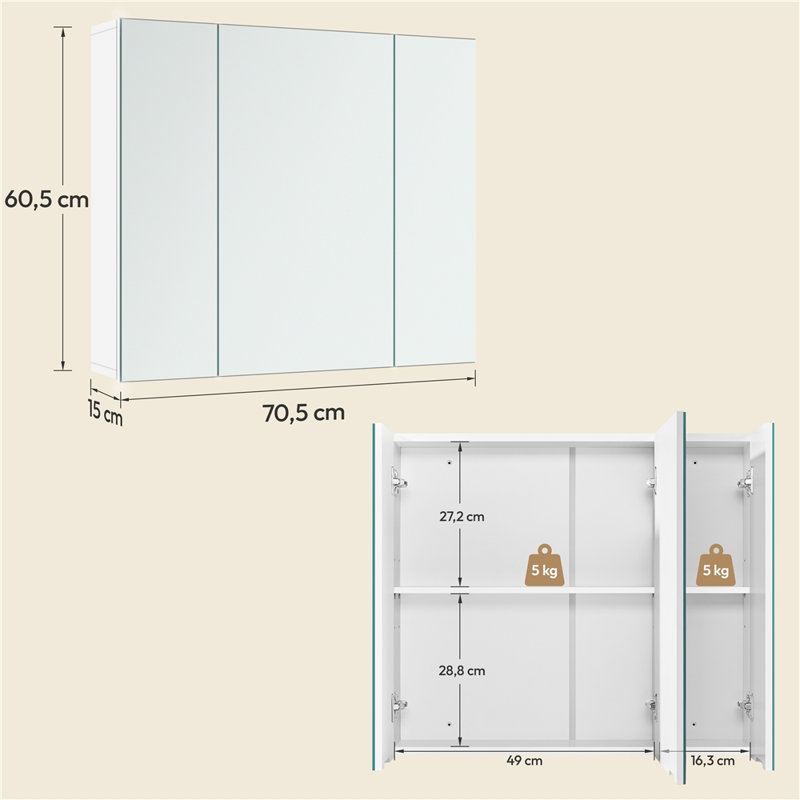 70.5mm W 60.5mm H Surface Frameless Medicine Cabinet Mirror 2 Adjustable