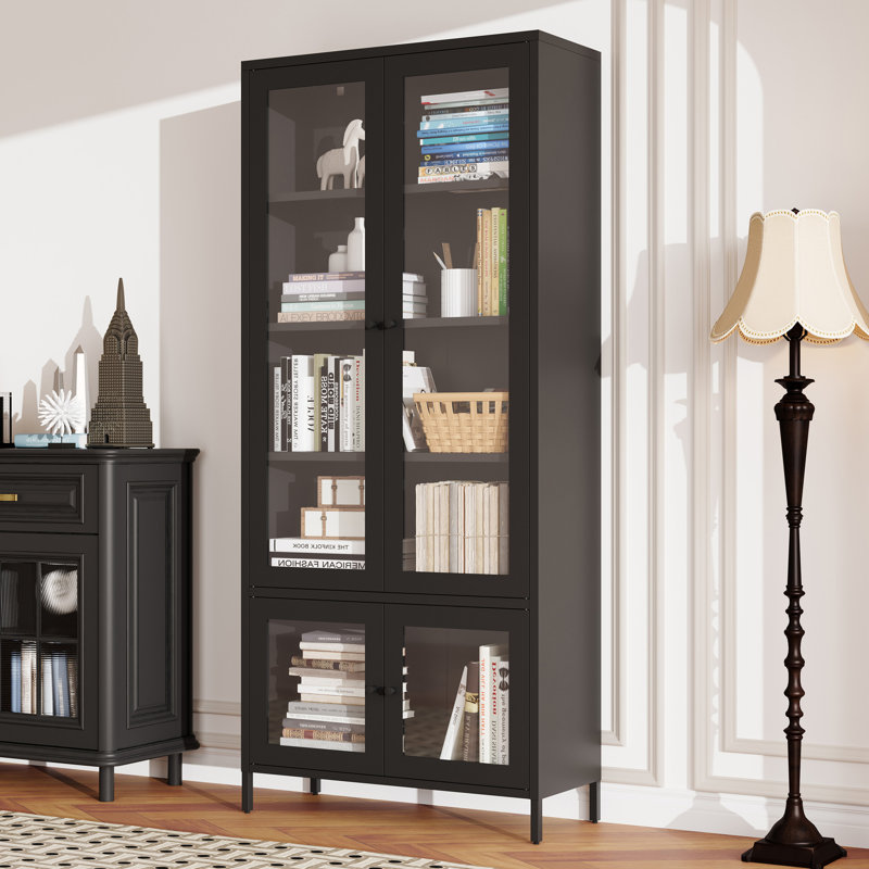 Grande armoire de rangement en métal avec 4 portes vitrées et 5 tablettes latérales