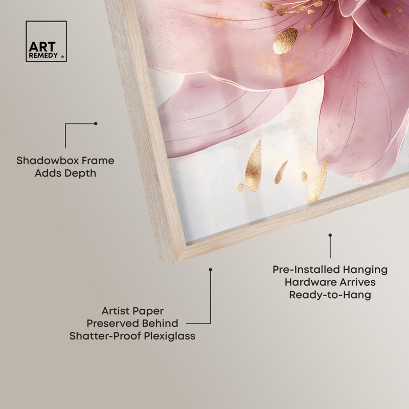 Art floral élégant, rose et doré, par Shadowbox, H 16 po x l 11 po, Crème, crème