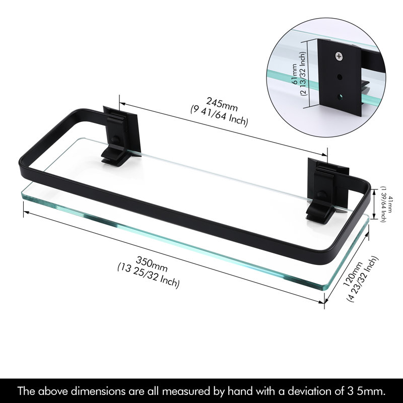 Janetta Bathroom Floating Glass Shelf 14 Inch Tempered Glass Rectangular 1 Tier Extra Thick Aluminum Wall Mounted