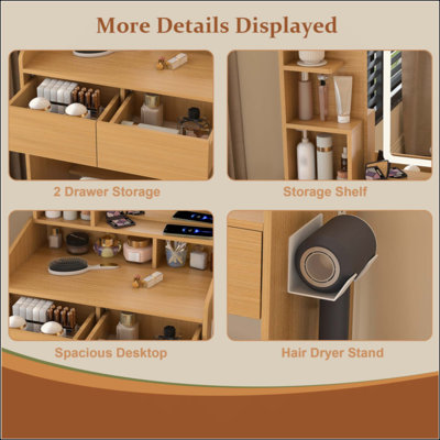 Coiffeuse avec miroir lumineux à DEL, prise de courant, porte-séchoir à cheveux et tabouret - Coiffeuse compacte pour petites chambres