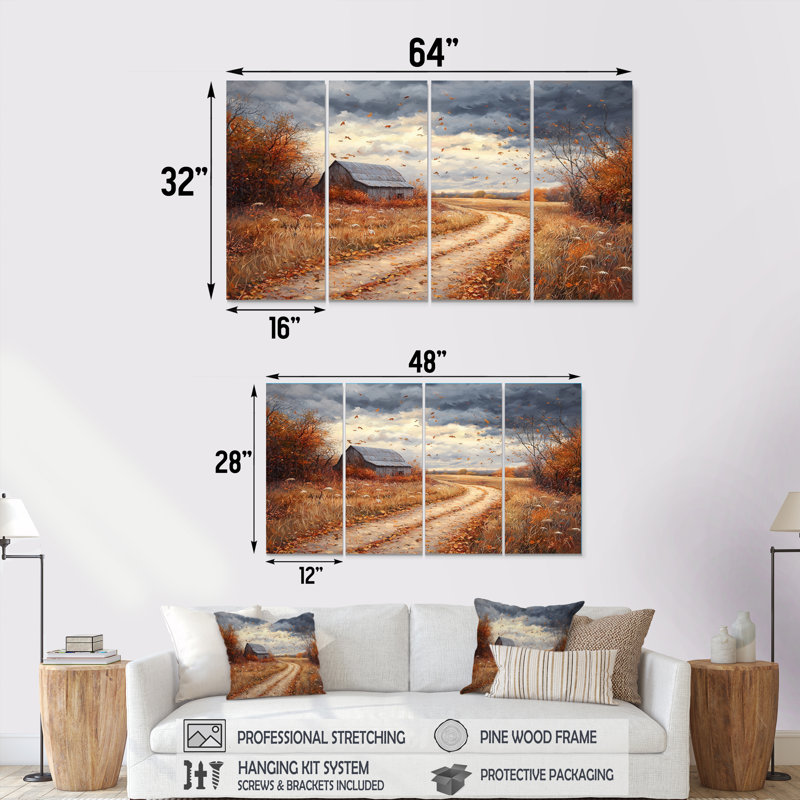 Windy Prairie Leaves Path o The Barn I - Prairie Wall Art - Traditional Wall Art Decor, H 28 po x l 48 po, 4