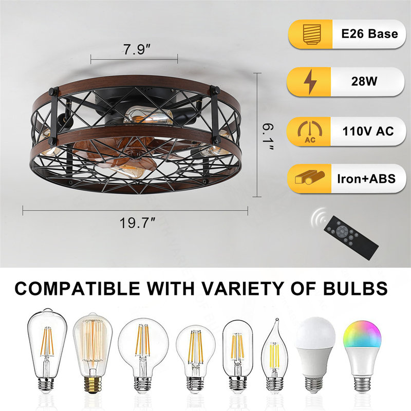 Caged Ceiling Fans, 20 Inch Flush Mount with Light, Reversible Blades for Optimal Airflow and Lighting in Small Spaces