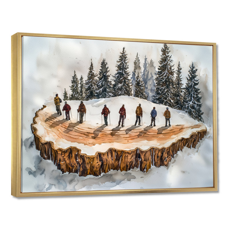 Randonnée pédestre dans un paysage d'hiver II - Randonnée d'art mural, H 12 po x l 20 po, Impression encadrée flottante, Doré