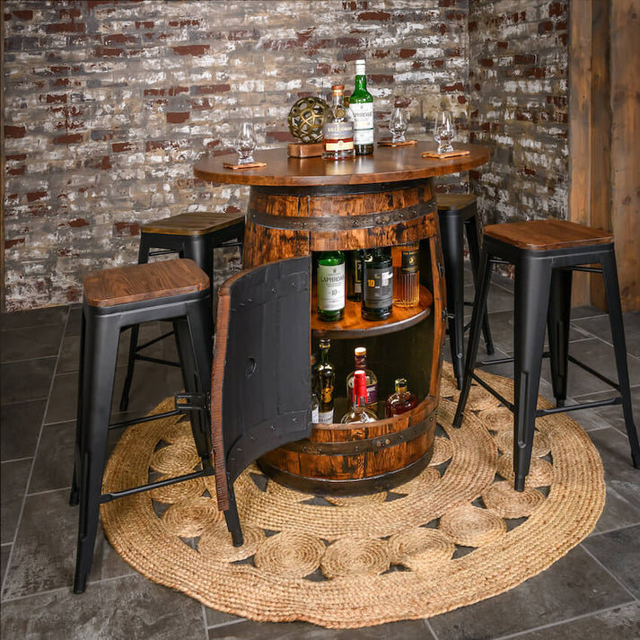Whiskey Barrel Pub Table with 36" Solid Oak Top Handmade Rustic Bar Table Crafted by Family-Owned Mystic Barrels