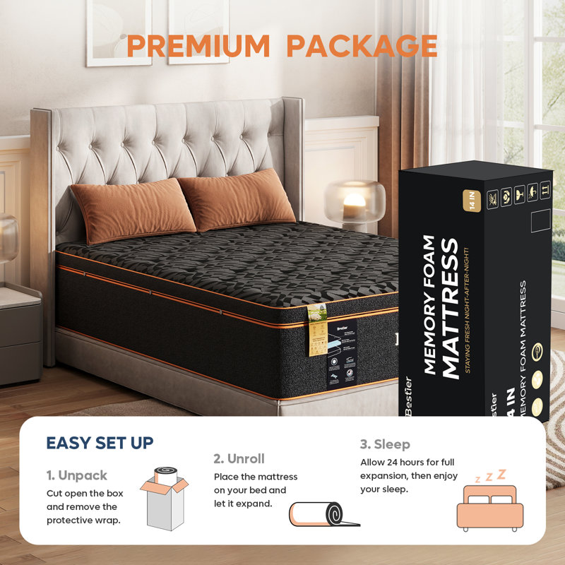 Gel Memory Foam Plush Mattress with Wool Topper, 14", Queen