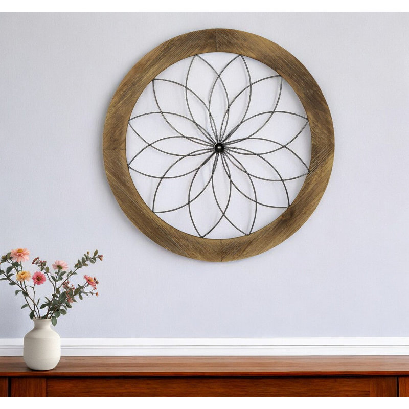 26" Light Brown Wood And Metal Circle Flower Hanging Dimensional Sculpture