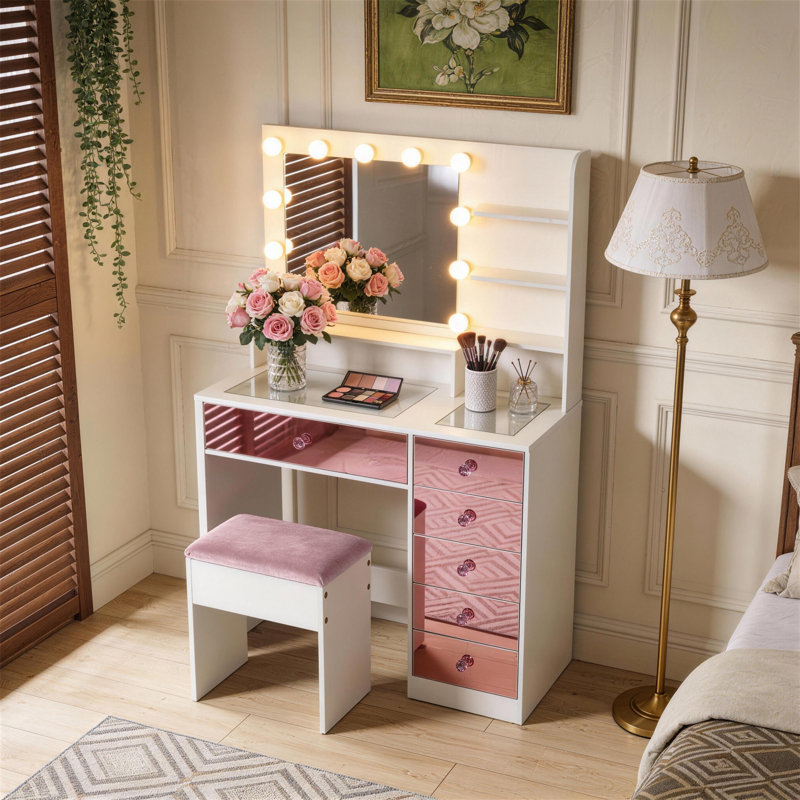 Vanity Desk With Glass Top And 9 Hollywood Bulbs, 3 Color Lighting Modes