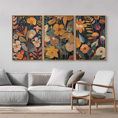 «Orange Botanical Blossom», ensemble d'art mural sur toile encadré de 3 - Mid-Century moderne, impression de fleurs neutres, décoration bohème pour salon, chambre à coucher, bureau