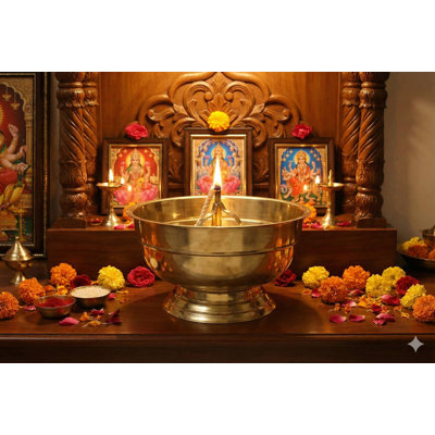 Lampe à huile à combustion longue faite à la main avec couvercle en verre 13 pouces Akhand Jyoti Diya en laiton pour puja, méditation et décor de temple
