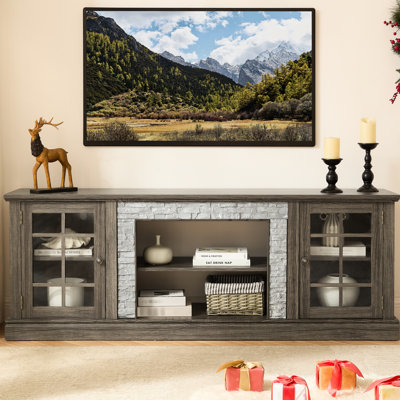 70" Faux Stone Tv Stand, Grey Entertainment Center With 2-Door Storage, 6 Cable Cutouts For Tidy Cables