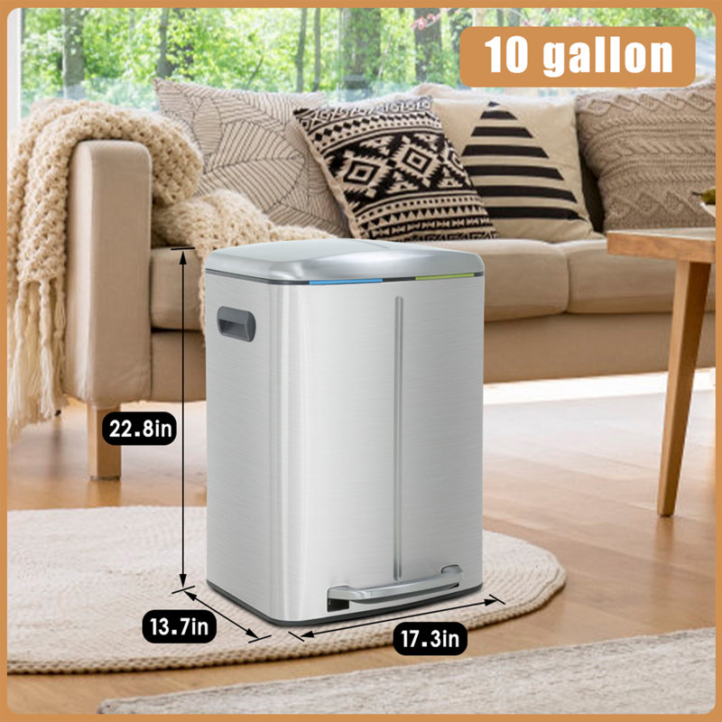 Poubelle de cuisine avec couvercle pour poubelle de salle de bain pour salle de bain avec poubelle en acier inoxydable brossé à l'épreuve des empreintes digitales 10 gallons / 40 L