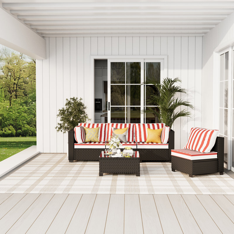 𝗡𝗼-𝗔𝘀𝘀𝗲𝗺𝗯𝗹𝘆 𝗖𝗵𝗮𝗶𝗿𝘀, 4-Person Patio Furniture Set Wicker Outdoor Sectional Seating Group Outside Conversation Sofa With Fire Pit (𝗖𝘂𝘀𝗵𝗶𝗼𝗻 𝗖𝗼𝘃𝗲𝗿𝘀 𝗜𝗻𝗰𝗹𝘂𝗱𝗲𝗱)