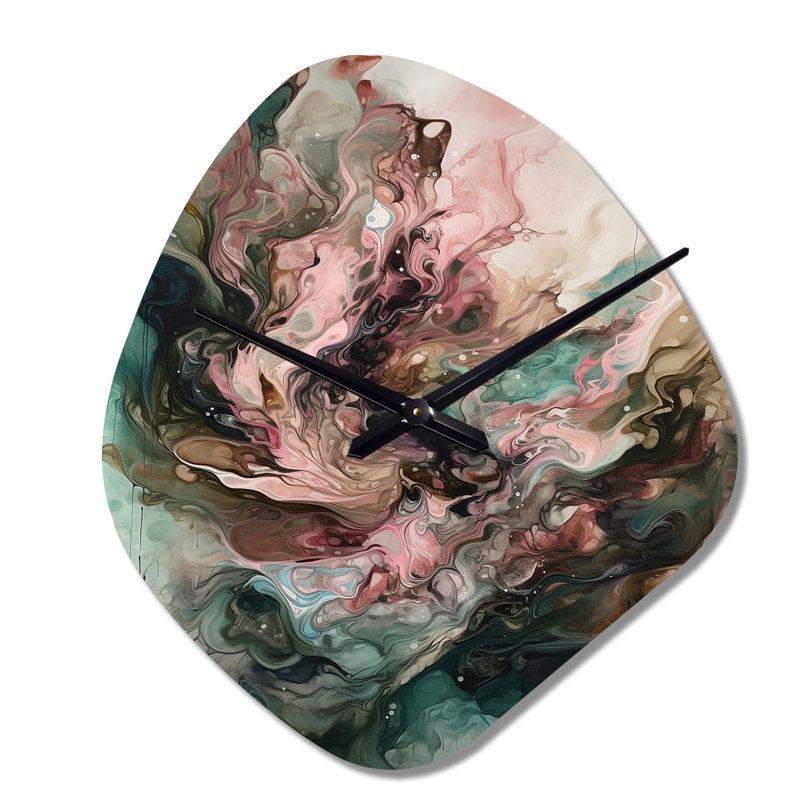 Rose et vert Inner Worlds of Marble III - horloge asymétrique en métal, forme unique, Grand