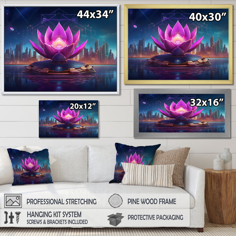 «Urban Enlightenment Blossoming Pink Lotus» sur toile, H 34 po x l 44 po, Cadre flottant brun