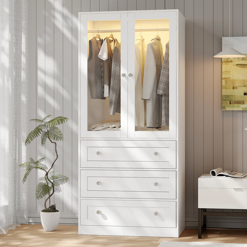Armoire penderie avec tiroirs et lumière, armoire 75 po avec tringle, armoire 2 portes en bois pour chambre à coucher, Blanc
