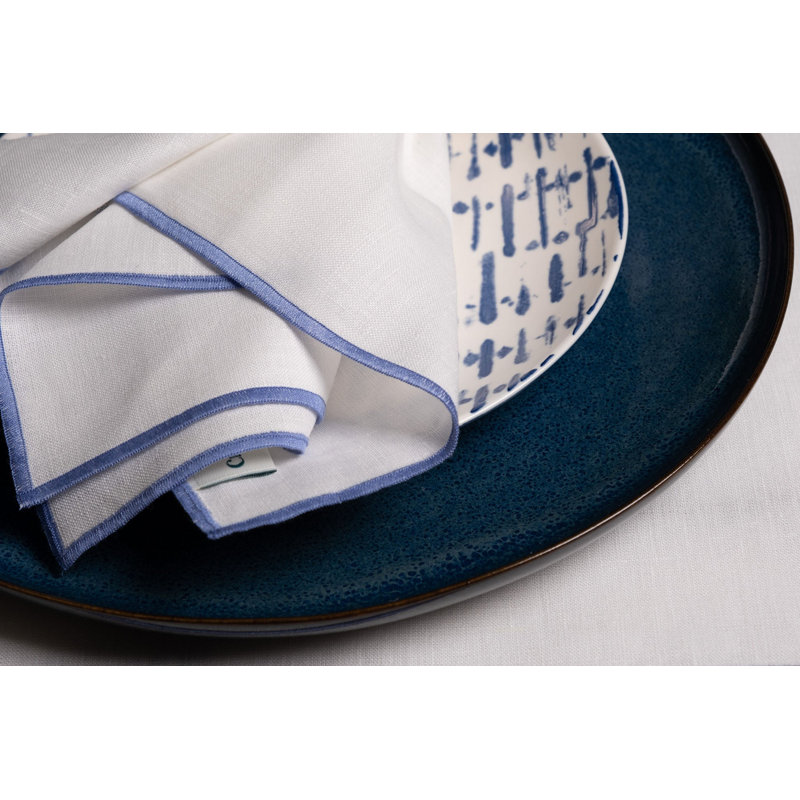 Linen Square Napkin, White/Blue