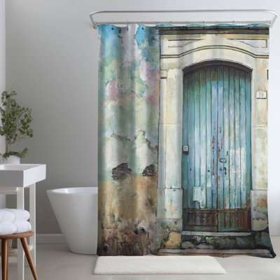Blue Door – Still Life Living Room – Polyester Shower Curtain, Dye Sublimation Print, 71" W × 74" L