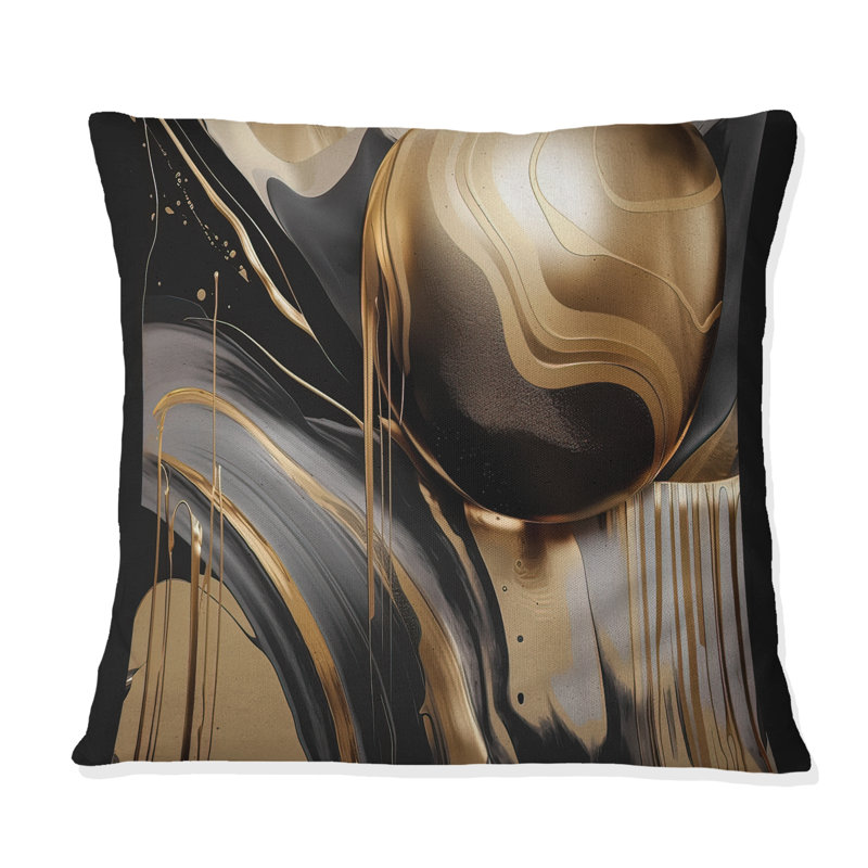 Marbre captivant doré et noir IV - Coussin abstrait en marbre, H 16 po x l 16 po, Carré
