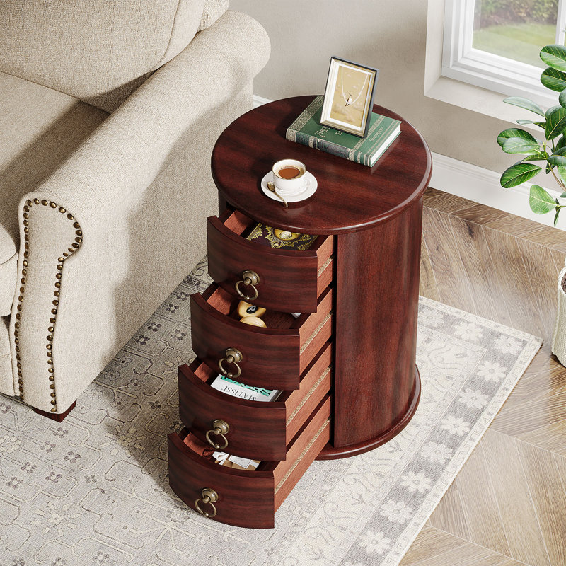 Solid Wood Round Side Table With 4 Drawers Set Of 2, Walnut