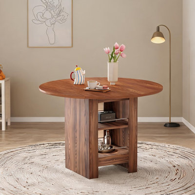 Table de salle à manger ronde 42 po en MDF avec rangement double couche, brun riche, 4 places - style campagne moderne