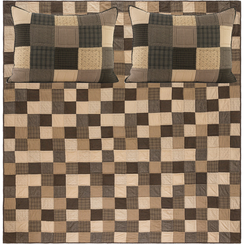 Kettle Grove Queen Black and Beige Cotton Patchwork Quilt Set