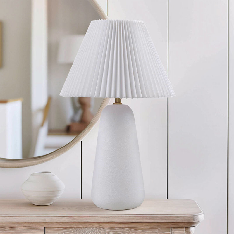 Textured Ceramic Table Lamp With Fluted Fabric Shade, Stylish White Pleated Shade Is Beautifully Tapered