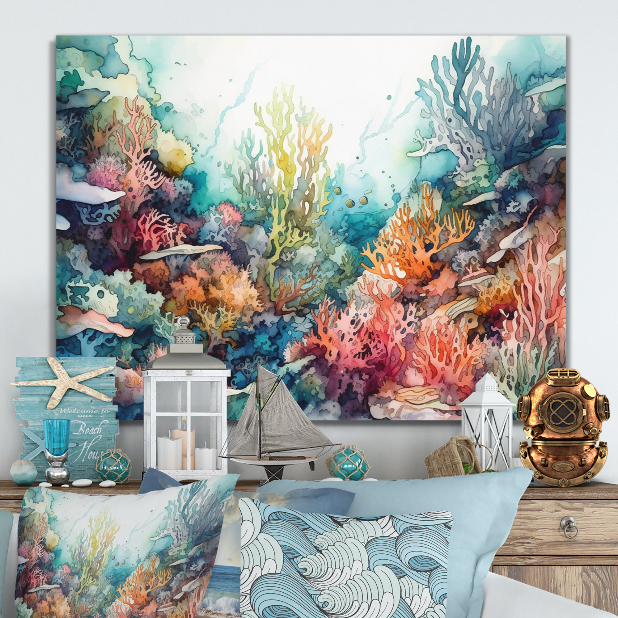 Coral Reef Throw Pillow Cover, Coastal Print