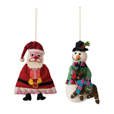 Artisan Wool Felt Snowman Ornament Duo