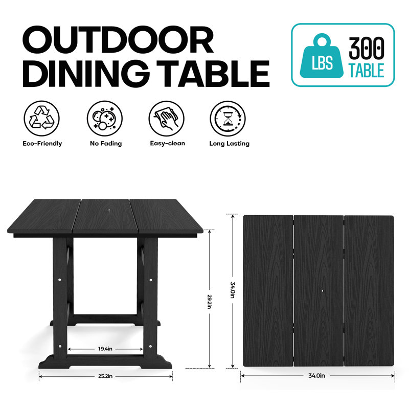 Table de salle à manger 34 po carrée avec trou pour parasol, Black