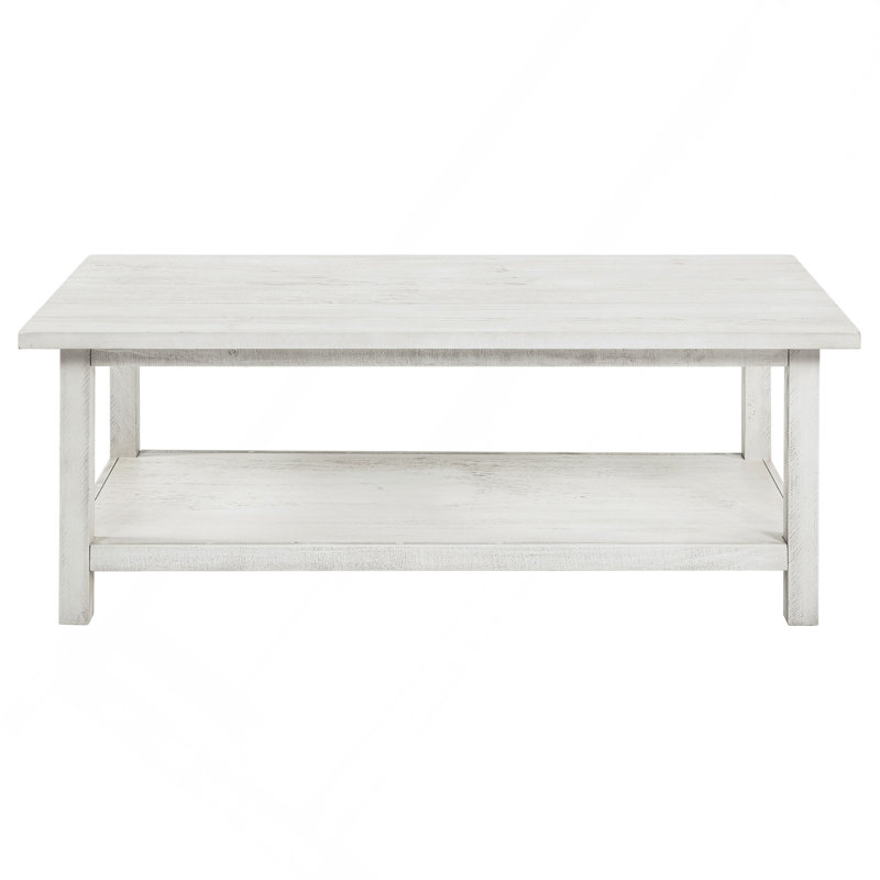 Distressed White Wood Coffee Table With Shelf