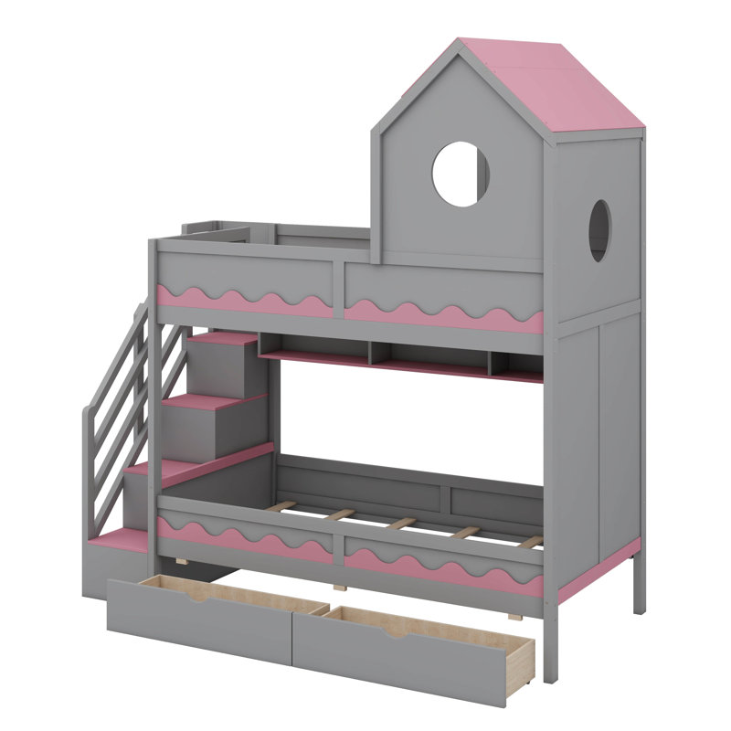 Lit simple au-dessus d'un lit simple avec design de maison, tiroir, escalier et lumière DEL, Gris / Rose