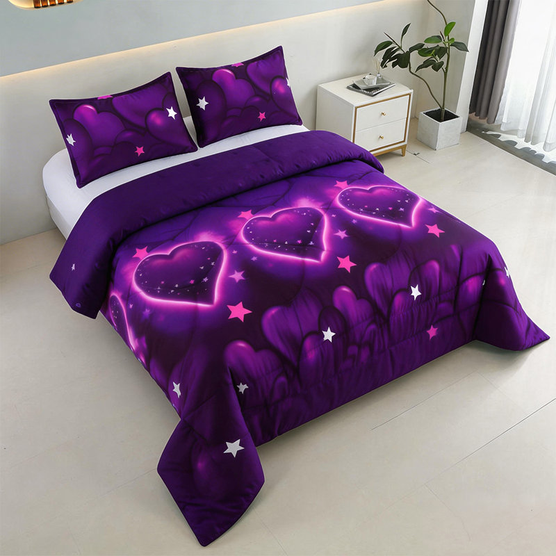 Ensemble d'édredon 2 pièces mauve à motif de cœur simple, ensemble de literie Neon Love & Star, édredon en microfibre légère ultra douce, ensemble de lit Galaxy romantique avec 1 taie d'oreiller pour toutes les saisons