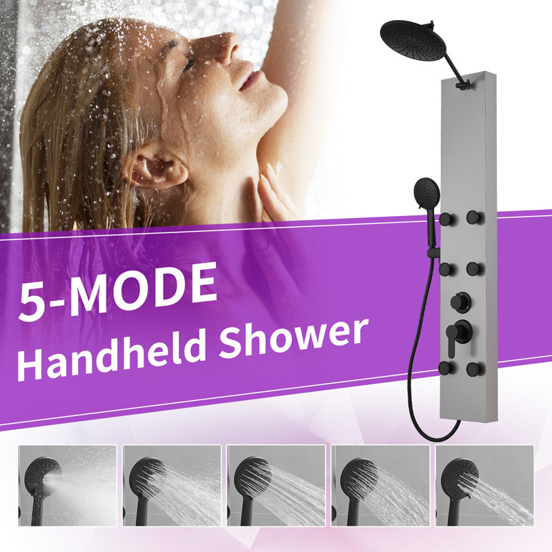 47.24inch  6-Jet Rainfall Shower Tower Shower Panel System with Rainfall Waterfall Shower Head and Shower Wand in Black Nickel