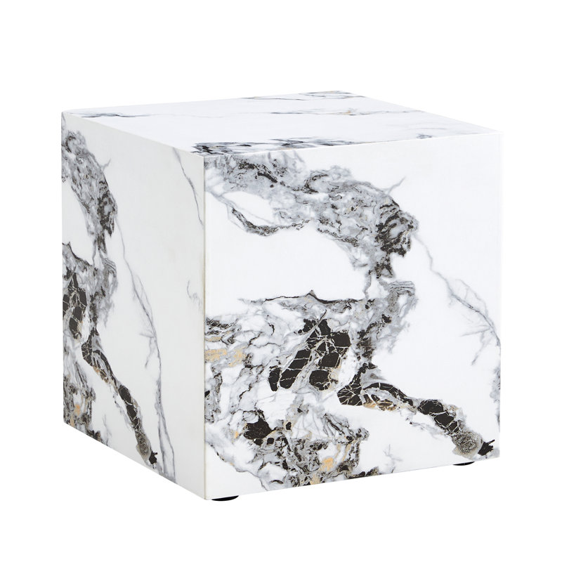 Javanie 15.75-Inch Modern Square Cube End Table for Small Spaces, White Marble