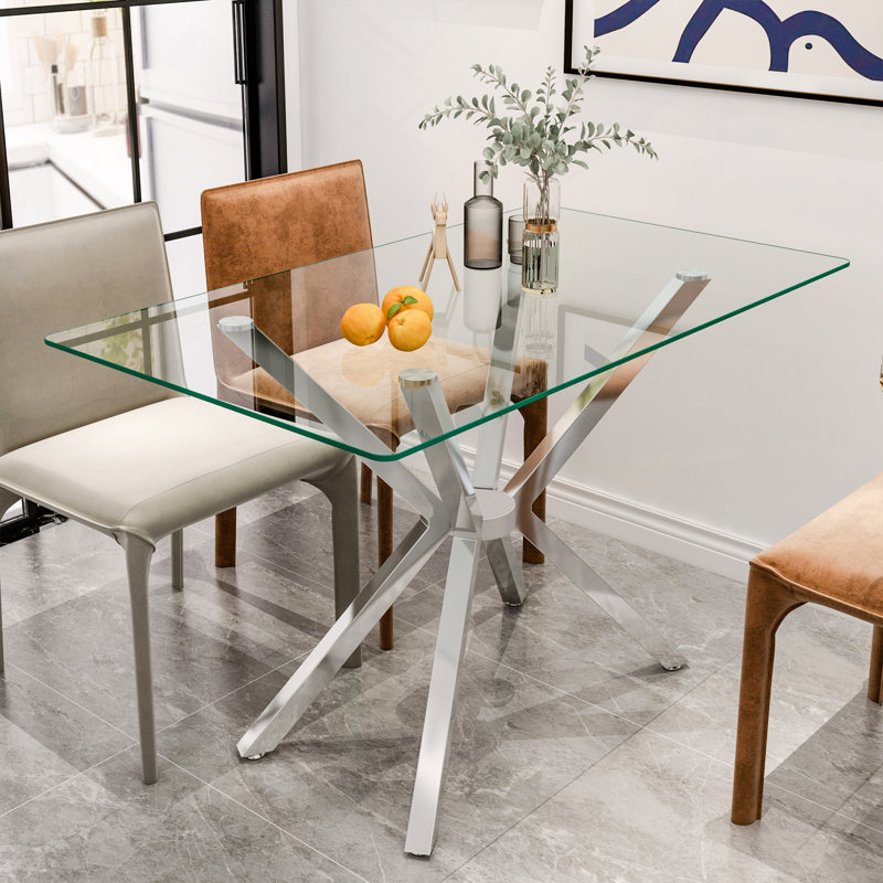 47.24" Rectangular Clear Tempered Glass Dining Table,Stylish Design With Metal Legs, Kitchen Table For Dining Room, Silver