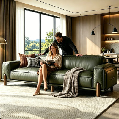 Modern Genuine Leather Sofa, Living Room Couch with Wood Legs & Inserts, Contact Area Leather Sofa with Double Stitching & Solid Wood Frame