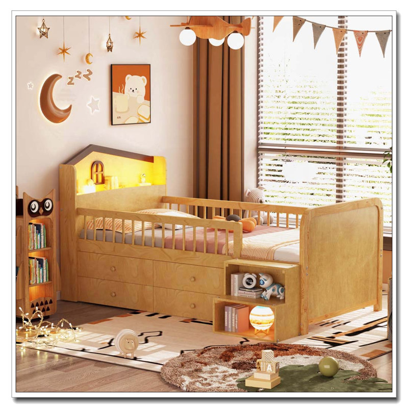 Lit de rangement en bois en forme de maison avec lumières DEL, tiroirs, Natural