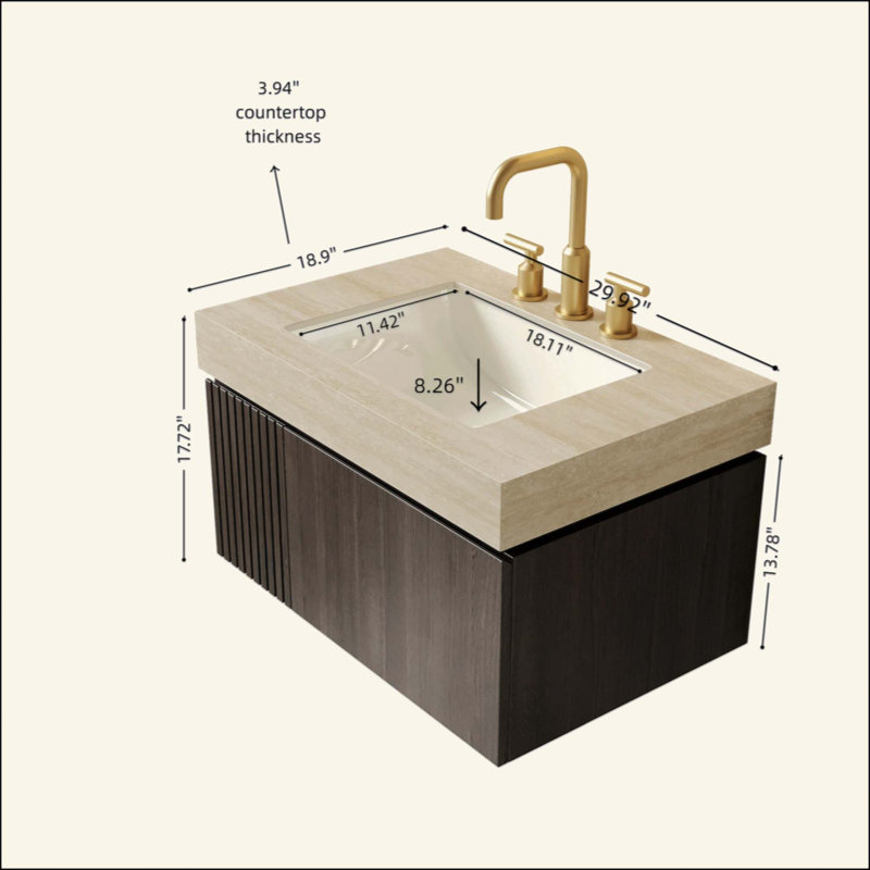 Meuble-lavabo de salle de bain, meuble de rangement flottant en contreplaqué avec tiroir et porte, comptoir en pierre frittée Roma Travertine et lavabo en céramique avec 3 trous de robinet pré-percés, pré-assemblé