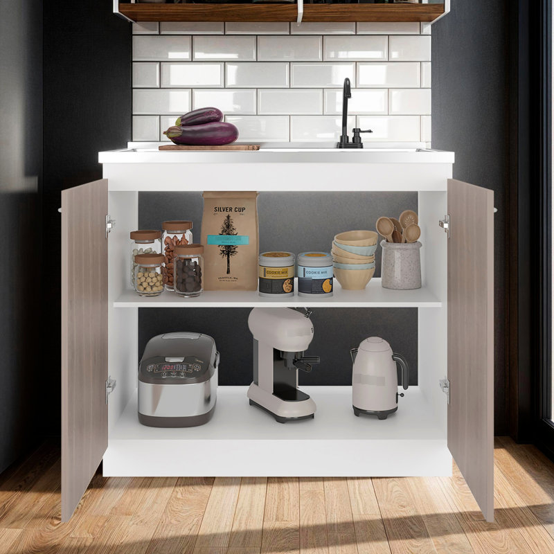 Armoire de cuisine moderne blanche et grise, 2 portes et 3 tablettes, finition idéale pour la cuisine, armoire de 39,4 pouces de long avec style contemporain, construction, organisation profonde de 20,6 po