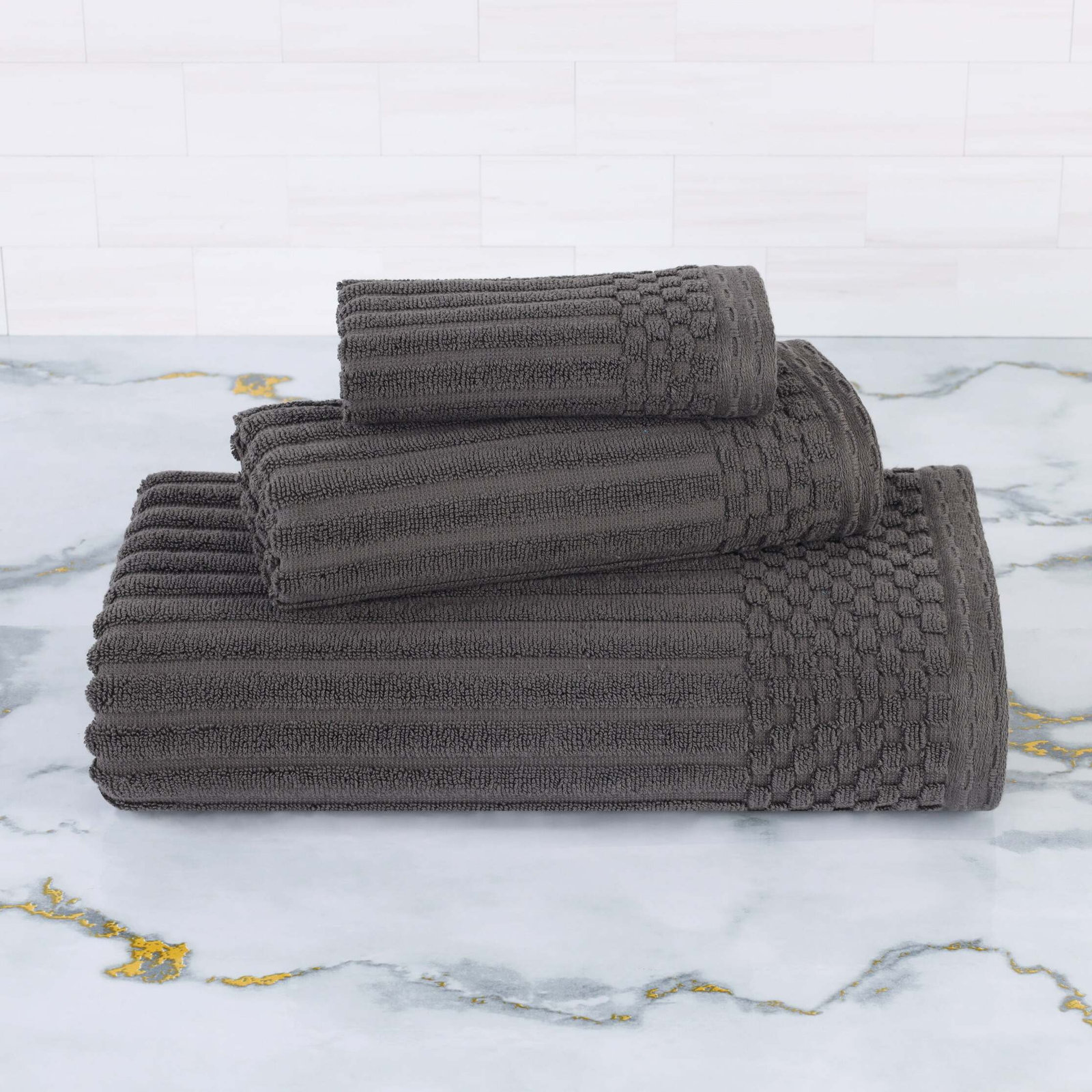 8-Piece Checkered Border Cotton Towel Set, Dark Gray, 3 Piece Towel set (1-bath, 1-hand, 1-face)