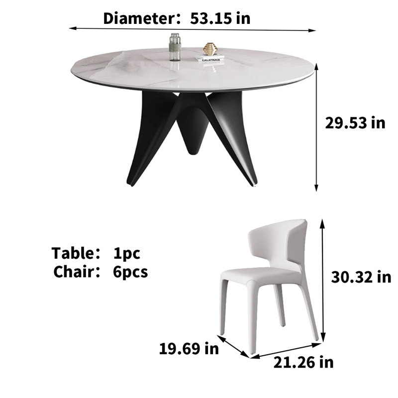 Modern Simple Sintered Stone Dining Table 6 - Person Pedestal Dining Set, 29.53"H x 53.15"L x 53.15"W