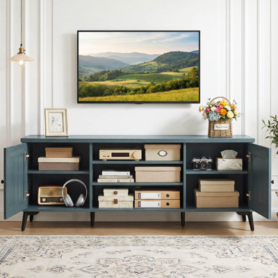 Meuble télé 2 portes pour téléviseur de 65 po ou moins avec 2 armoires de rangement et 4 tablettes réglables turquoise