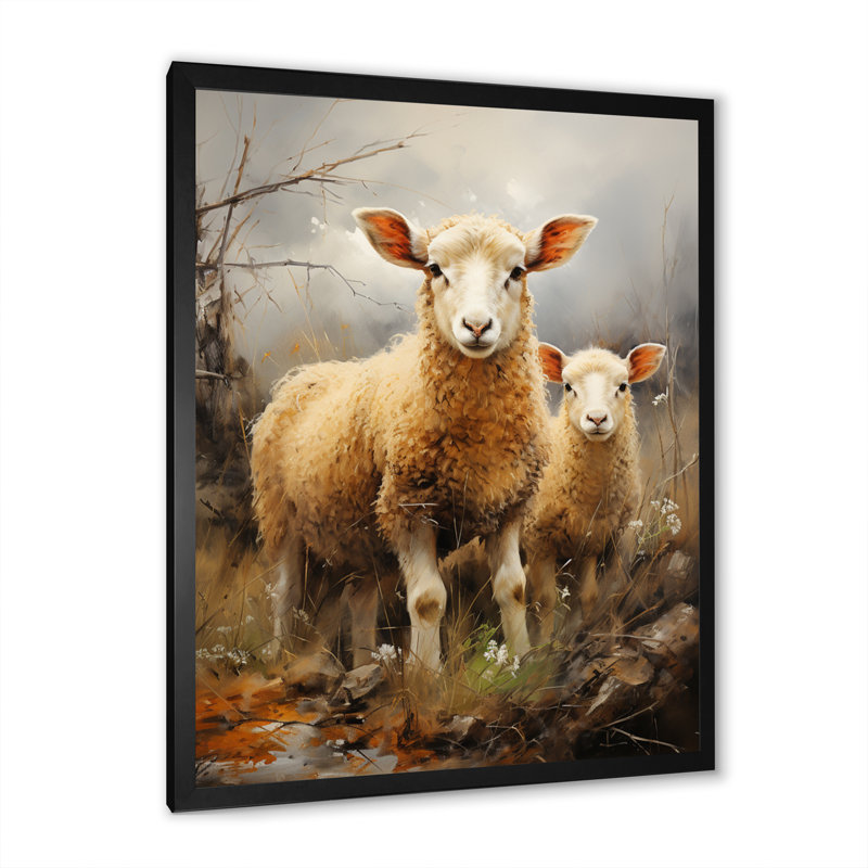 «Beige Sheep Rustic Ruminations II», reproduction d'art sur toile, H 44 po x l 34 po x P 1,5 po, Cadre photo noir