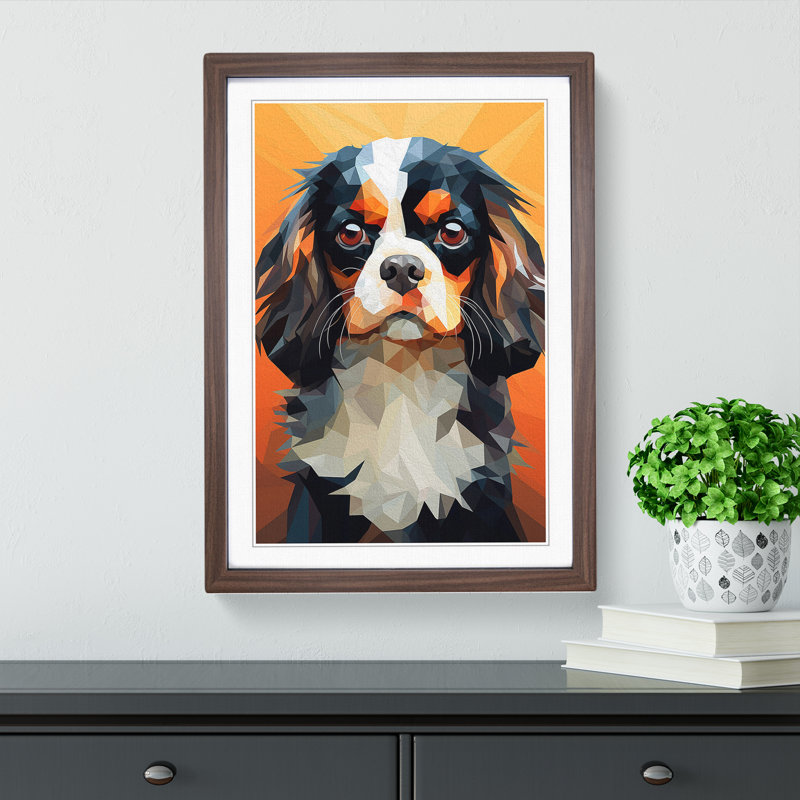 Cavalier King Charles Spaniel Geometric - Single Picture Frame Print on Wood, 64cm H x 46cm W x 2cm D, Walnut