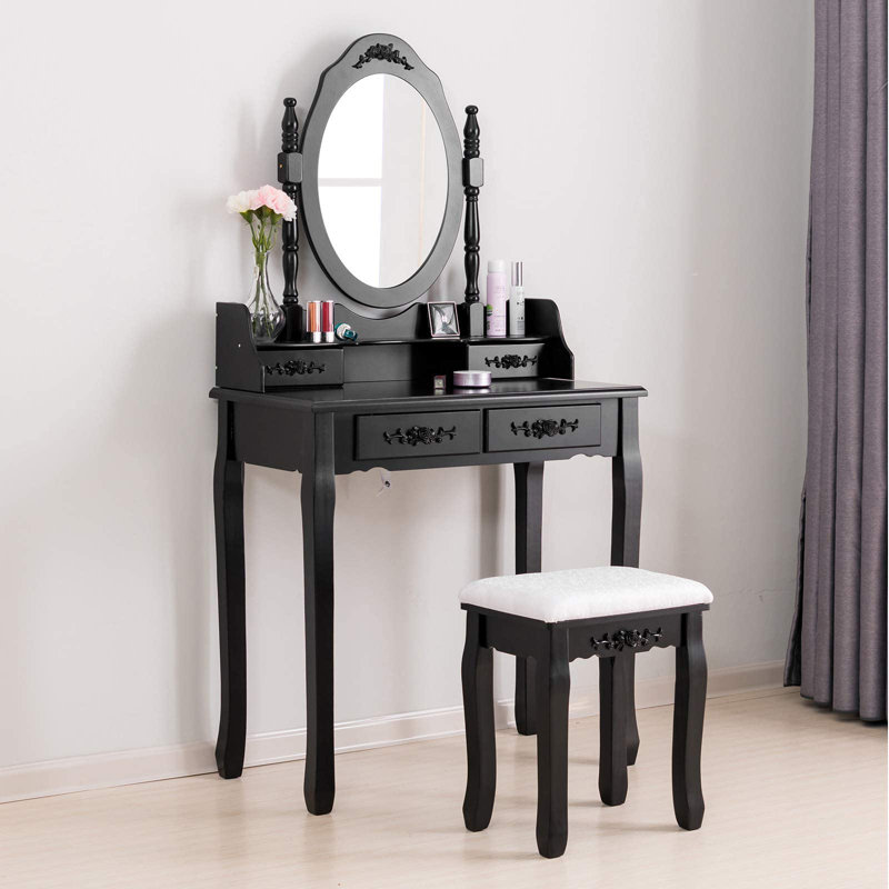 Luxurious Vanity Desk Set with Lighted Mirror and Cushioned Stool, Black