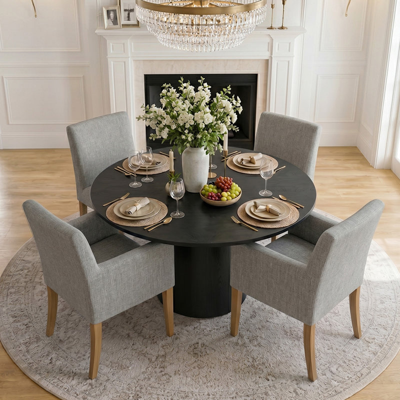 Ensemble de table de salle à manger 4 personnes Woodcroft avec table ronde unie et 4 fauteuils rembourrés en tissu, Gray
